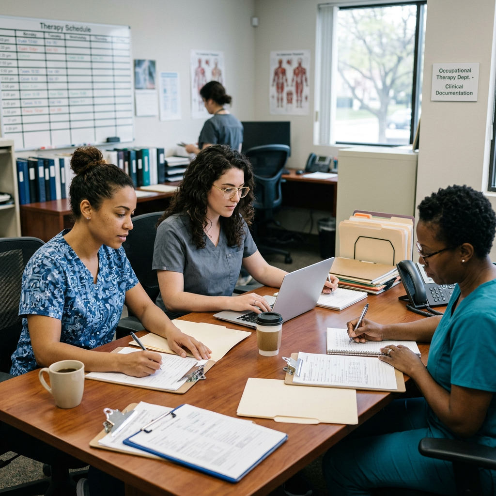 Three healthcare professionals reviewing and documenting clinical records at a table